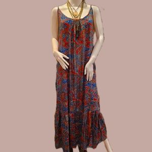 KARMA Hwy Blue Pink Shift Ruffle Hem Print Maxi Dress OS NEW